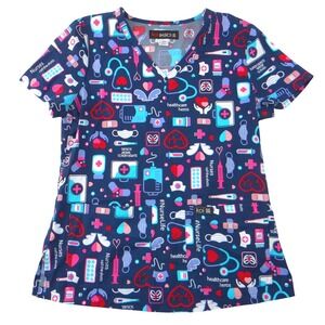 Koi Basics‎ Womens XS Navy Blue Medical Print V-Neck Scrub Top Nurses Hero